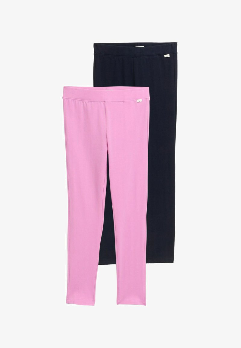 To par leggings: den ene i lyserød, den anden i mørk marineblå. Begge har et glat, strækbart stof og en elastisk talje.