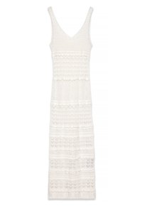 Valkoinen virkattu mekko, jossa on V-pääntie, kerroksellisia tekstuureja, viistettyjä yksityiskohtia ja säädettävät olkaimet, suunniteltu pitkää istuvuutta varten.