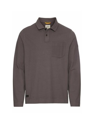 Langärmliges Polo-Shirt aus dunkelgrauem Baumwollmix, mit einem Kragen, einer Drei-Knopf-Leiste und einer Brusttasche mit Knopfdetails.
