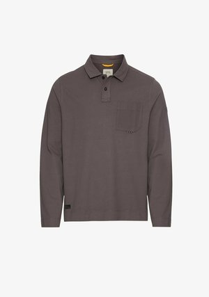 Langärmliges Polo-Shirt aus dunkelgrauem Baumwollmix, mit einem Kragen, einer Drei-Knopf-Leiste und einer Brusttasche mit Knopfdetails.