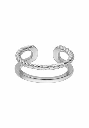 Bague en argent avec un design de bande torsadée. Les extrémités ouvertes mettent en valeur des accents arrondis. Texture lisse avec une finition polie.