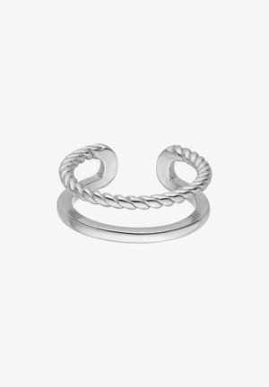 Silberring mit einem gewundenen Banddesign. Die offenen Enden zeigen abgerundete Akzente. Glatte Textur mit polierter Oberfläche.