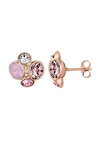 Rozen gouden studs met verschillende vormen roze en transparante kristallen in een gegroepeerd ontwerp, met gladde oppervlakken en gepolijste details.