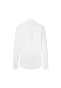 Camisa blanca de manga larga confeccionada con una tela de textura suave. Presenta un cuello abotonado, pliegue en la espalda y puños abotonados.