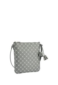 Borsa a tracolla grigia con motivo floreale bianco, tirazip a frange e tracolla regolabile, brandizzata "JOOP!" al centro frontale.