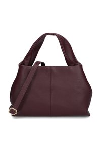Bordeaux leren handtas met een gestructureerde afwerking, voorzien van twee handvatten en een verstelbare schouderriem. Minimalistisch ontwerp met zichtbare stiksels.