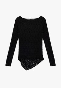 Zwarte lange mouwen top van kant met een gestructureerd patroon, voorzien van een ronde halslijn en een zakdoekzoom voor een gelaagde look.