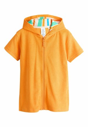Pomarańczowe poncho ręcznikowe z krótkim rękawem, kapturem i zamkiem błyskawicznym, z kolorową, wielopasmową podszewką kaptura dla malucha.