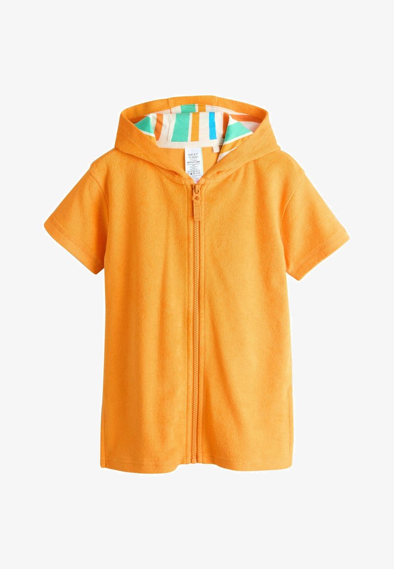 Oranžový pončo uterák s krátkymi rukávmi, kapucňou a zipsom, s viacfarebnou prúžkovanou podšívkou kapucne pre batoľa.
