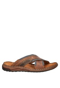 Bruine leren slide-sandalen met grijze textielbanden, een gevoerde binnenzool en een gestructureerde rubberen zool. Geweven details langs de randen.