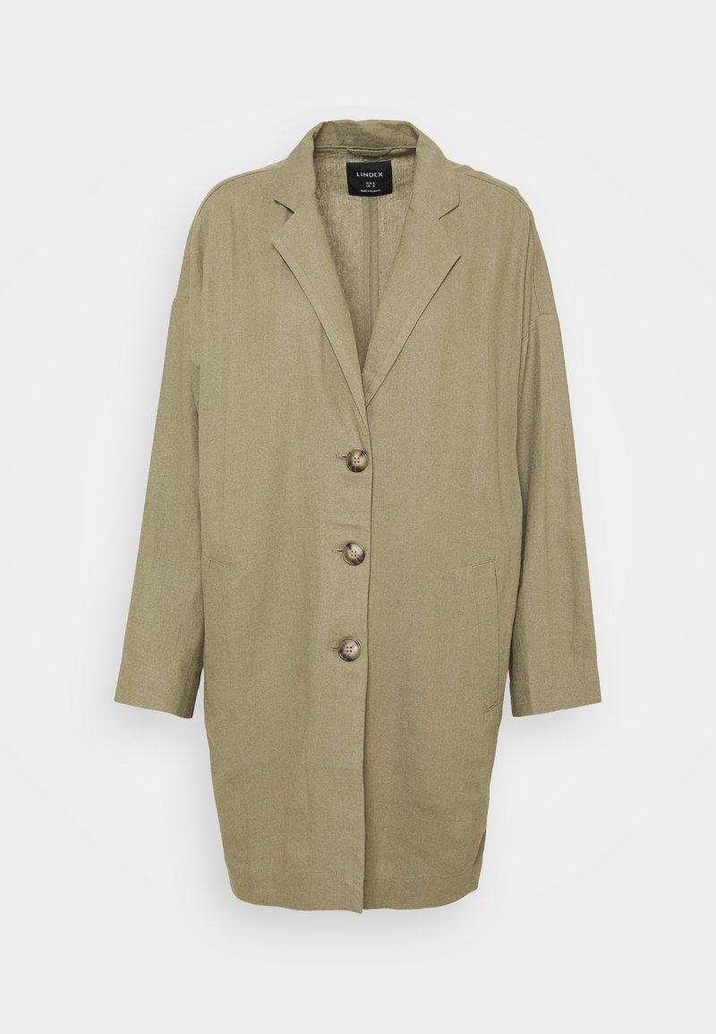 Olive green, long blazer made of soft fabric with a relaxed fit, featuring a notched lapel, three large buttons, and two front pockets.