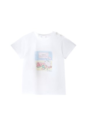 T-shirt blanc à manches courtes pour tout-petit avec boutons à l'épaule, avec un motif coloré de boisson estivale et de fruits avec le texte "Welcome Summer".