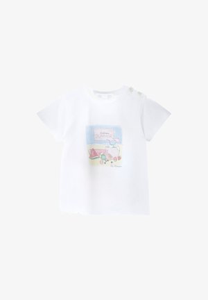 T-shirt blanc à manches courtes pour tout-petit avec boutons à l'épaule, avec un motif coloré de boisson estivale et de fruits avec le texte "Welcome Summer".