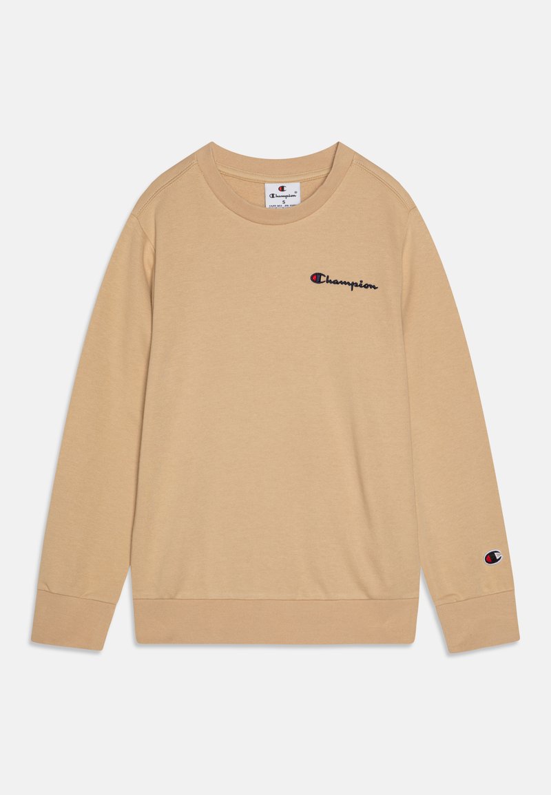 Felpa beige realizzata in tessuto morbido, con scollatura rotonda e maniche lunghe. Sul davanti è presente un logo ricamato in nero e rosso.