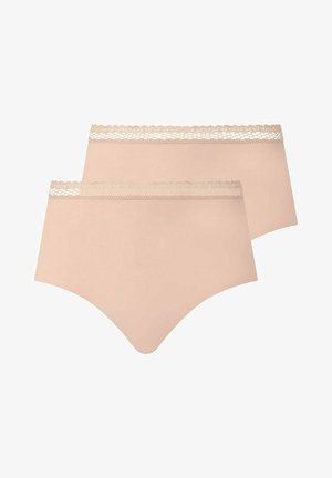 Deux sous-vêtements beiges sans coutures pour femmes avec bordure en dentelle à la taille, présentés superposés sur un fond blanc.