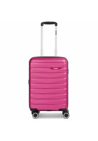 Valigia rigida di un vivace colore rosa con design a zigzag testurizzato. Dotata di accenti neri, manico telescopico e quattro ruote scorrevoli.