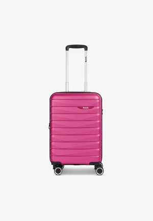 Hartschalentrolley in lebhaftem Pink mit einem strukturierten Zickzackdesign. Mit schwarzen Akzenten, einem teleskopierbaren Griff und vier sanft rollenden Rädern ausgestattet.