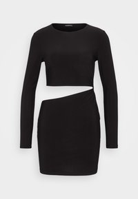 Robe noire à manches longues avec un haut court et un détail torsadé sur le côté, fabriquée en tissu lisse et extensible. Silhouette ajustée.