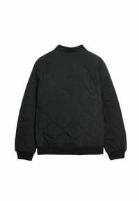 Veste noire matelassée avec couture en motif ondulé, col, poignets et ceinture côtelés, vue de dos.