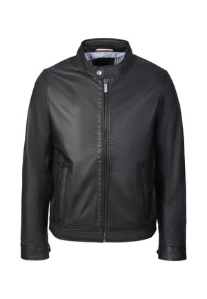 Chaqueta de cuero negra con cremallera frontal, cuello alto con botón a presión, dos bolsillos laterales con cremallera y mangas largas.