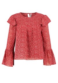 Rød, blomstermønstret bluse med flagrende ærmer og en nøglehulryg. Lavet af let materiale med smocked halsudskæring.