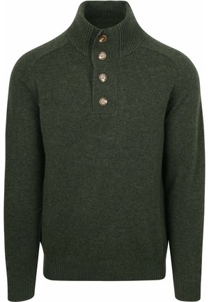 Grüner Wollpullover mit hohem Rippkragen, ausgestattet mit einer Knopfleiste mit vier Knöpfen sowie gerippten Bündchen und Saum.