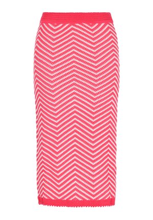 Mezgta pieštuko sijonas ryškiai rožinės spalvos su baltu zigzagu. Yra tekstūruota medžiaga ir vientisa rožinė juosmeninė dalis.