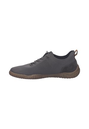Dark gray lightweight sneaker with mesh upper, laces, and thick textured brown sole, shown in side profile on white background.