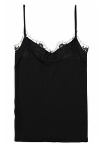 Top en camisole noir en tissu doux, doté de bretelles réglables et d'une bordure en dentelle le long de l'encolure. Design simple, style sans manches.