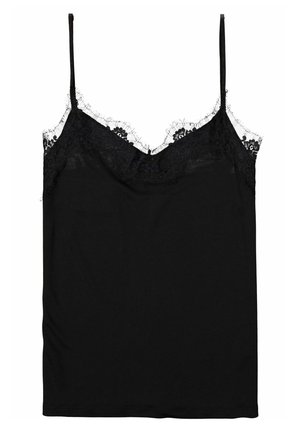 Schwarzes Camisole-Oberteil aus weichem Stoff, mit verstellbaren Trägern und einem Spitzenrand entlang des Ausschnitts. Einfaches Design, ärmelloser Stil.