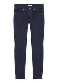 Dark blue denim jeans with a slim fit, five-pocket design, and copper-tone rivets. Features a clean finish with no visible distressing.