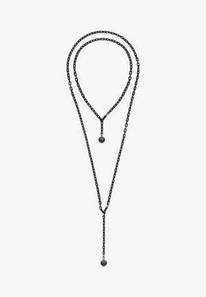 Schwarzes Metallketten-Halsband mit zwei geschichteten Strängen und einem Y-förmigen Design, abgeschlossen mit einem runden Anhänger am Ende.