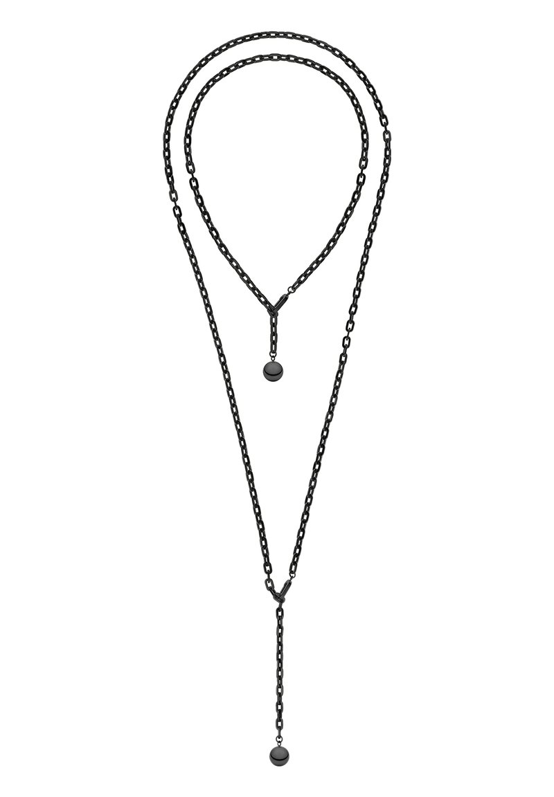 Sorte metal kædehalssmykke har to lagdelte strenge med et Y-formet design, afsluttet med en rund vedhængsdråbe i enden.