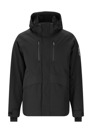 Giacca nera impermeabile con colletto alto, cappuccio regolabile, due tasche frontali con zip e polsini elasticizzati per una vestibilità sicura.