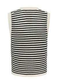 Veste sans manches en maille avec des rayures horizontales texturées alternant noir et blanc, vue de dos sur un fond blanc.