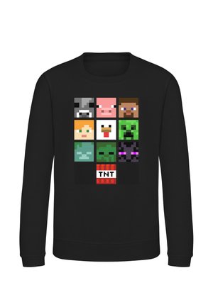 Sort sweatshirt med ni pixelated Minecraft-ansigter og en TNT-blok arrangeret i et 3x4 gitter foran.