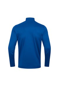 Langärmliges Hemd mit hohem Kragen in einfarbigem Blau, gefertigt aus glattem, leichtem Stoff, mit taillierter Passform und ohne sichtbare Logos oder Muster.