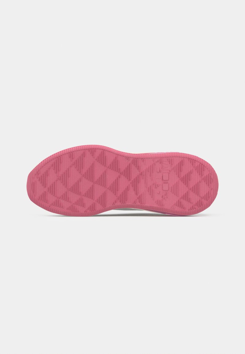 Pink shoe sole with diamond and striped tread pattern on a plain white background.