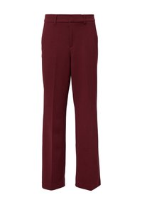 Bordeauxkleurige, op maat gemaakte broek met een recht spodend ontwerp, gemaakt van een zachte, gladde stof; heeft riemlussen en zijzakken.