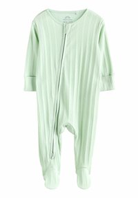 Zöld csíkos babaruhák hosszú ujjakkal, elöl cipzárral és lábmelegítő burkolattal. Puha anyagból készült, textúrázott csíkokkal.