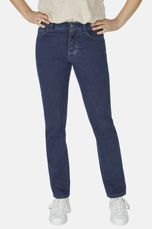 Dunkelblaue Jeans aus Denim mit geradem Bein, fünf Taschen und einem klassischen Knopfverschluss an der Taille.