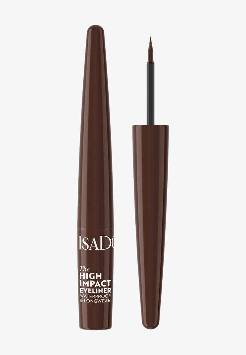 Brun flytende eyeliner med slank spiss børste ved siden av den lukkede matchende brune beholderen merket vanntett og langvarig.