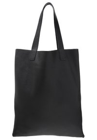 Sac cabas en cuir noir avec deux longues poignées, présentant une texture lisse et une forme rectangulaire simple, conçu pour la polyvalence et la durabilité.