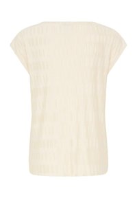 Blouse à manches courtes de couleur crème avec de fines rayures verticales texturées et une coupe ample et décontractée vue de dos.