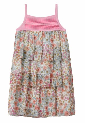 Vestito senza maniche da bambina con corpetto arricciato rosa e gonna a più balze con motivo floreale multicolore su sfondo bianco.
