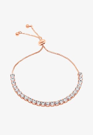 Roze gouden verstelbare armband met een gebogen rij heldere edelstenen, gezet in individuele kroonsteentjes, en met een schuifsluiting voor maataanpassing.