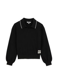 Pull noir en maille, doté d'un col polo avec bordure blanche, de manches longues bouffantes et d'une étiquette avec le logo "sendits you l ve".
