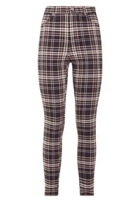 Legginsy w kraciasty wzór z ciemnym tłem oraz jasnobeżowymi i blad różowymi krzyżującymi się wzorami, wykonane z rozciągliwego materiału o dopasowanym kroju.
