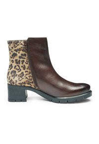 Ankle boot with dark brown leather front, leopard print fabric back, side zipper, and chunky black heel and sole.