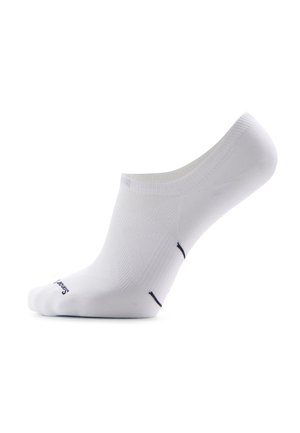 Calzino bianco basso a taglio invisibile con sottili motivi testurizzati e piccolo testo del marchio nero vicino alle dita e al bordo della suola.